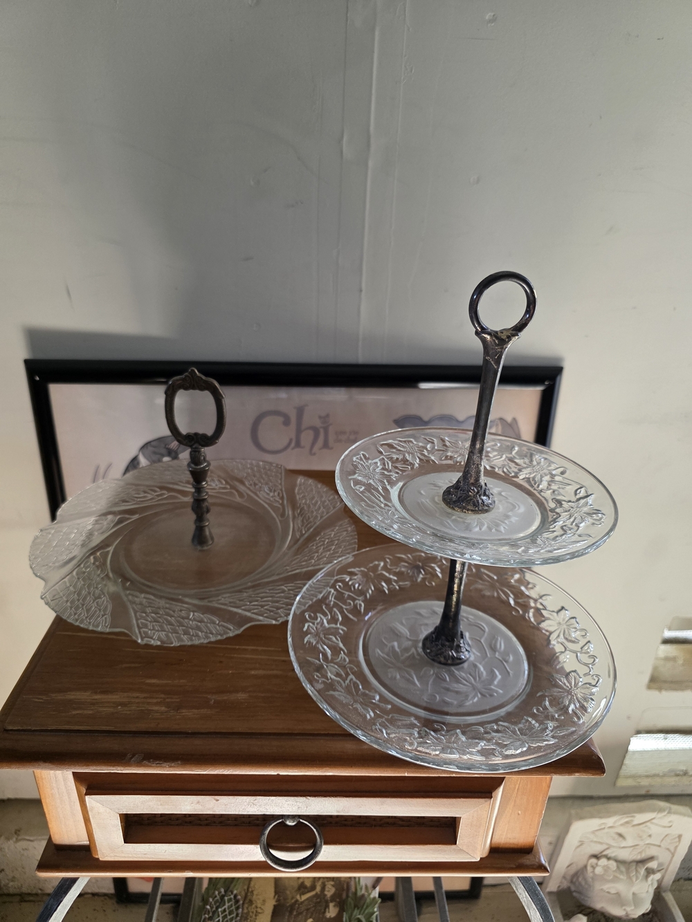 Clear Glass Two-Tier Serving Stand with Ornate Metal Handle